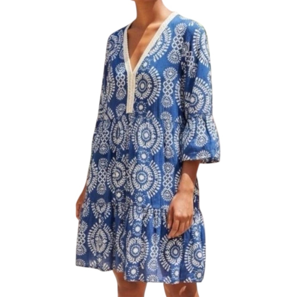 SAIPH Blue & White Boho Printed V-Neck Beach Cotton Tunic Dress Italy NWOT